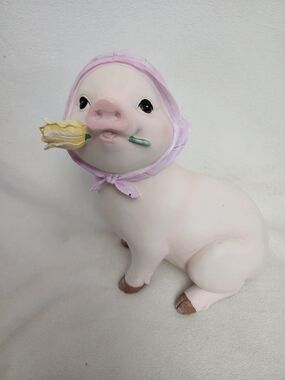 Pink Pig Figurine with Yellow Flower - Decorative Small Pet Statue